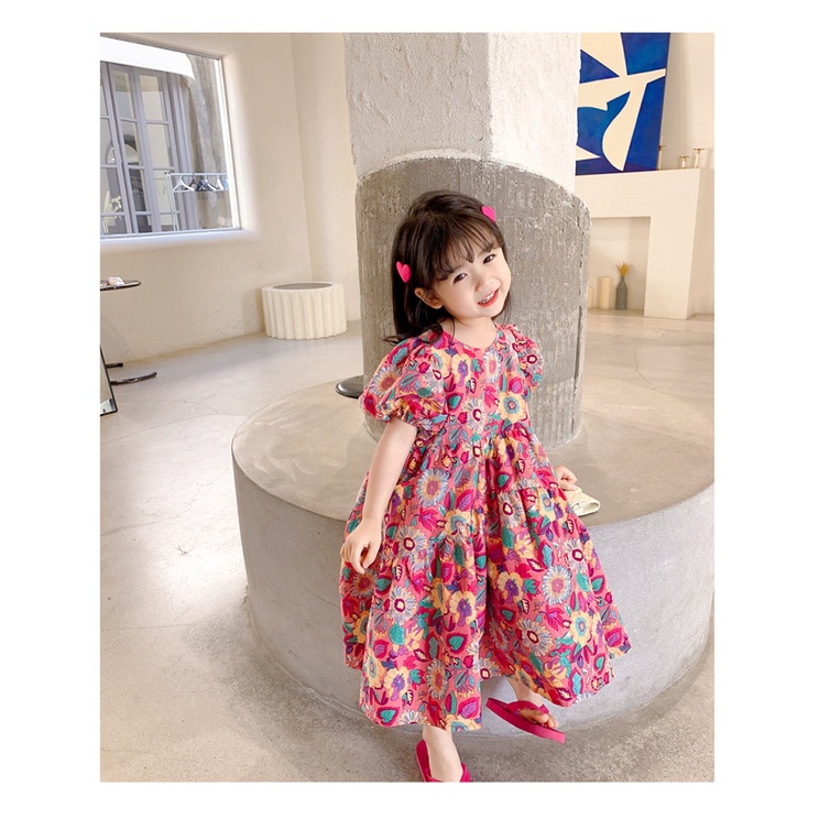Váy babydoll bé gái họa tiết hoa to tay bồng cực dễ thương