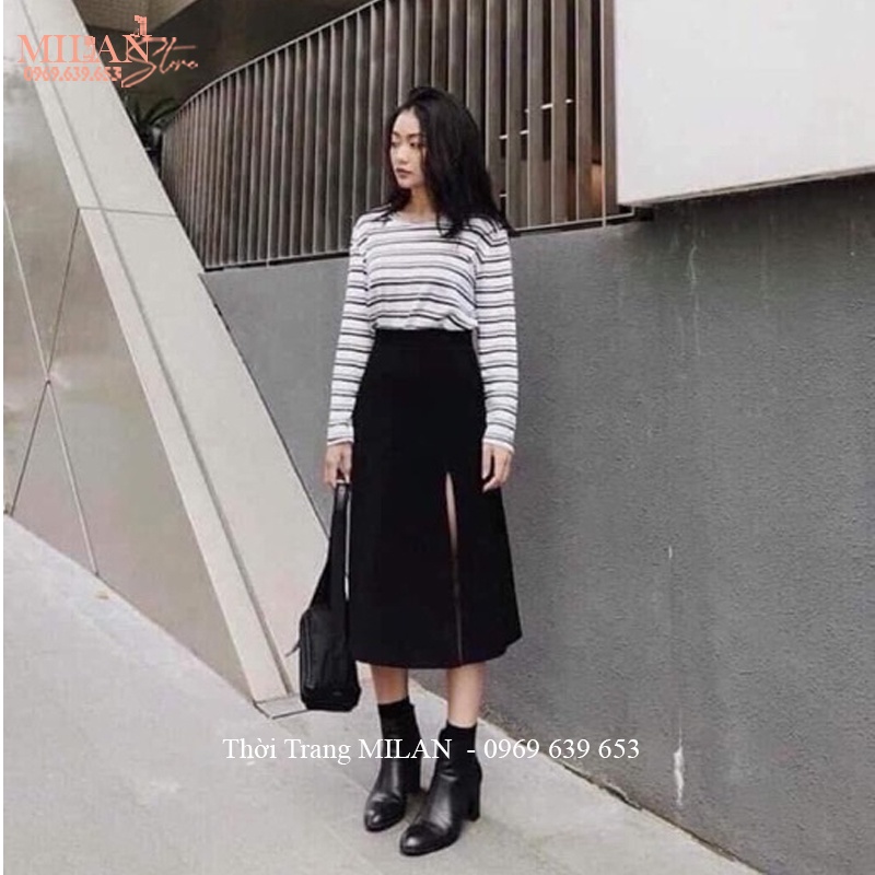 Chân váy dài qua gối Ulzzang đuôi cá kiểu chân váy dài chữ A xẻ tà trước Hàn Quốc màu Đen Nâu vải mềm mặc công sở hẹn hò