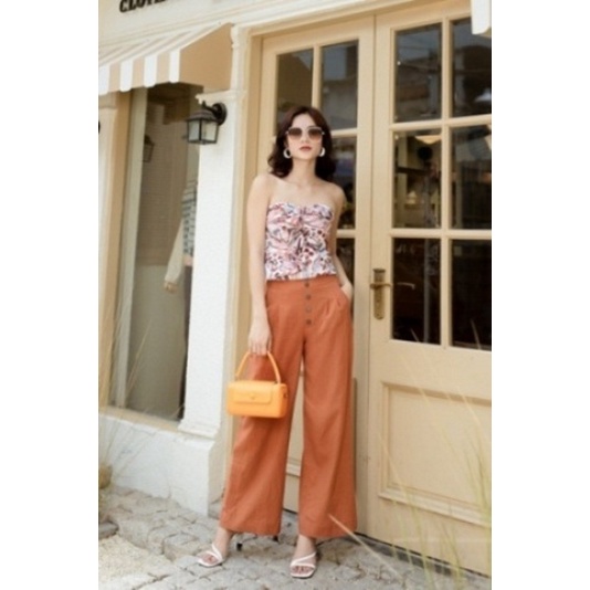 VANIA - Quần linen ống suông nút gỗ Q2280