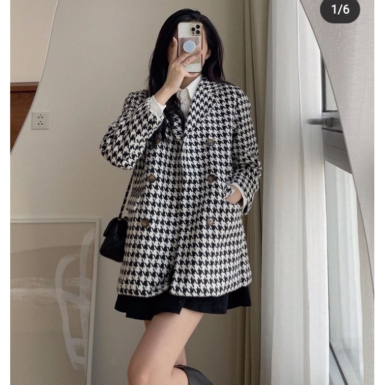 (Ảnh thật) Áo khoác dạ kẻ ziczac chần phao oversize | BigBuy360 - bigbuy360.vn