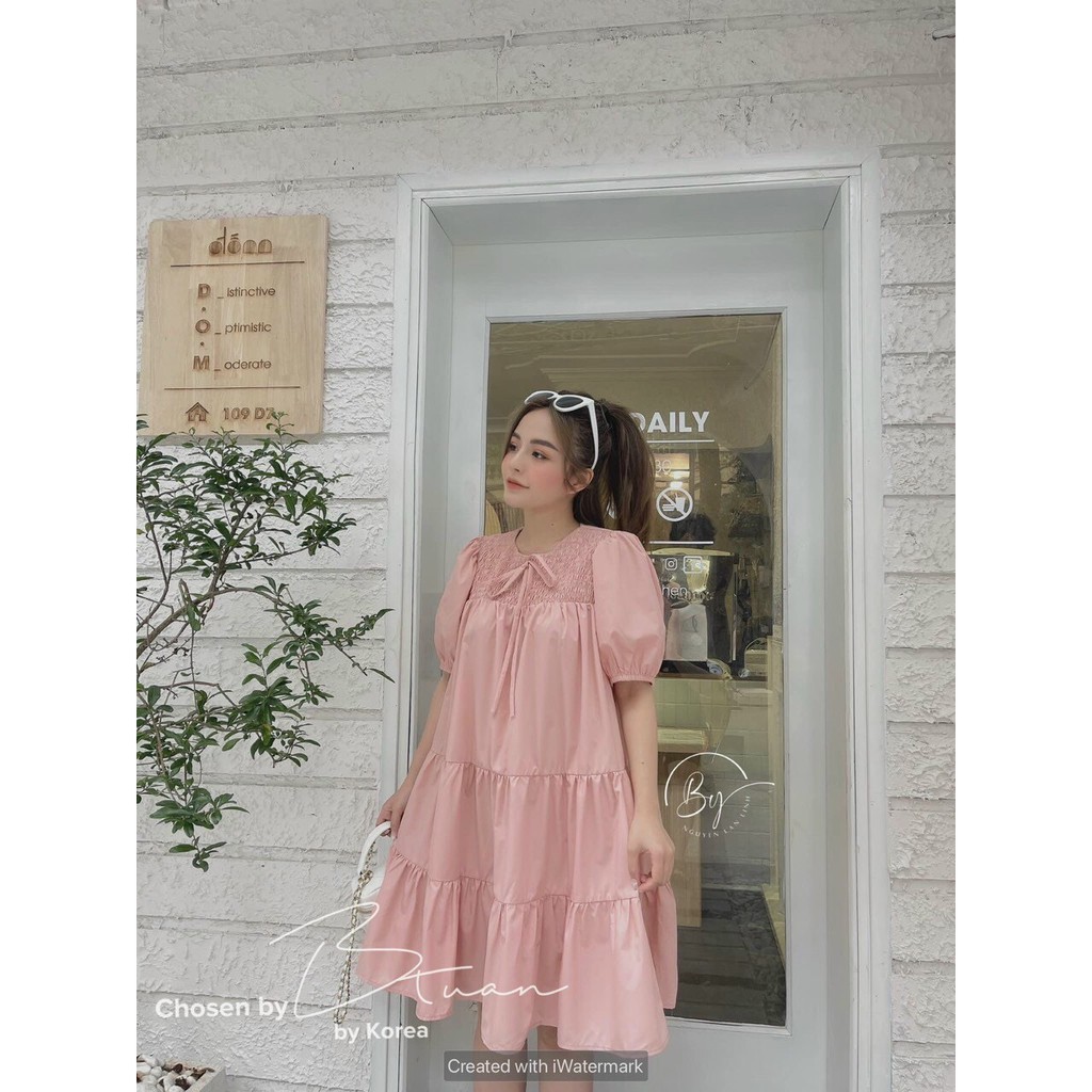 Đầm Babydoll Hồng Tay Bồng Nơ Ngực Tiểu Thư