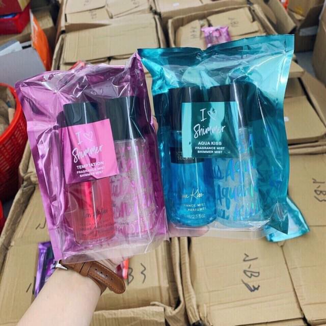 Set 2 Chai Xịt Thơm Victoria’s Secret I Love Shimmer Mini Fragrance Mist Aqua Kiss 75ml