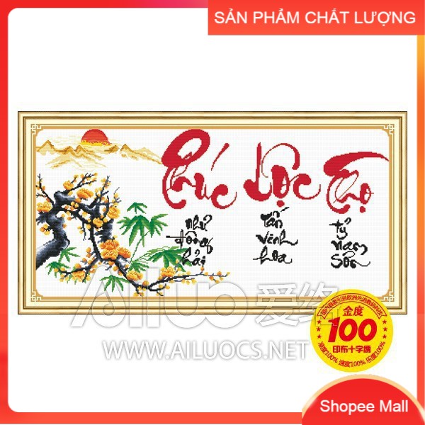 Tranh thêu Phúc Lộc Thọ ( hoa mai vàng ) 51536 kích thước 95*50cm [Hàng có sẵn]