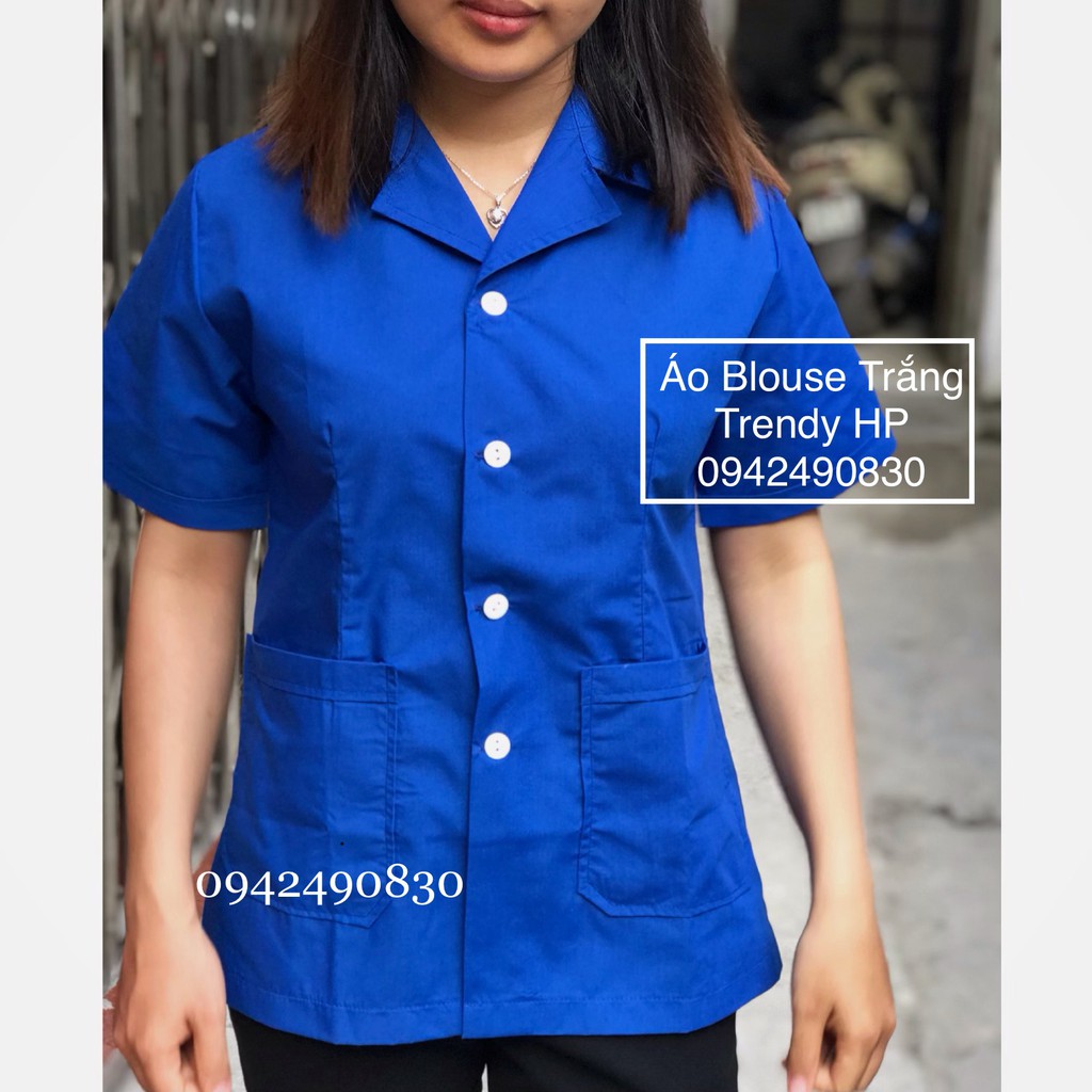 Áo công nghệ xanh, áo blouse Nam nữ màu xanh dương đậm-Áo tạp vụ, nhân viên vệ sinh nhà hàng, khách sạn, bệnh viện