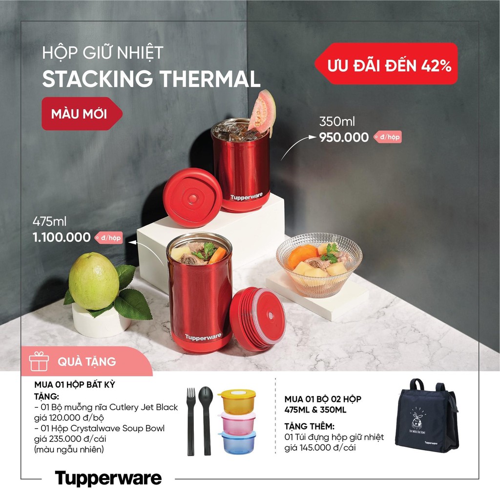 Hộp giữ nhiệt Stacking Thermal TẶNG túi đựng + bộ muỗng nĩa + hộp đựng canh dùng trong lò vi sóng