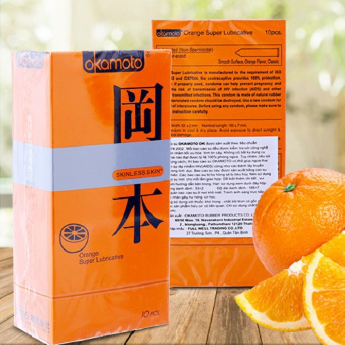 Bao cao su siêu mỏng Okamoto Orange Hương Cam nhiều gel bôi trơn, Nhật Bản - NinaGen - Cam kết che tên