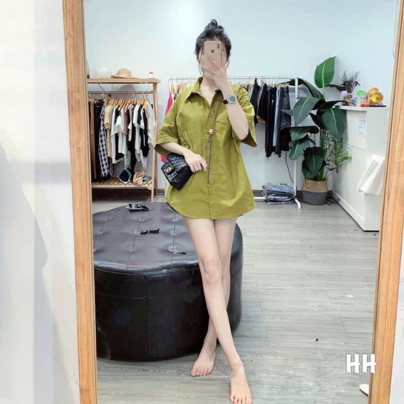 áo sơ mi vạt bầu cổ đức 2 túi màu tây
