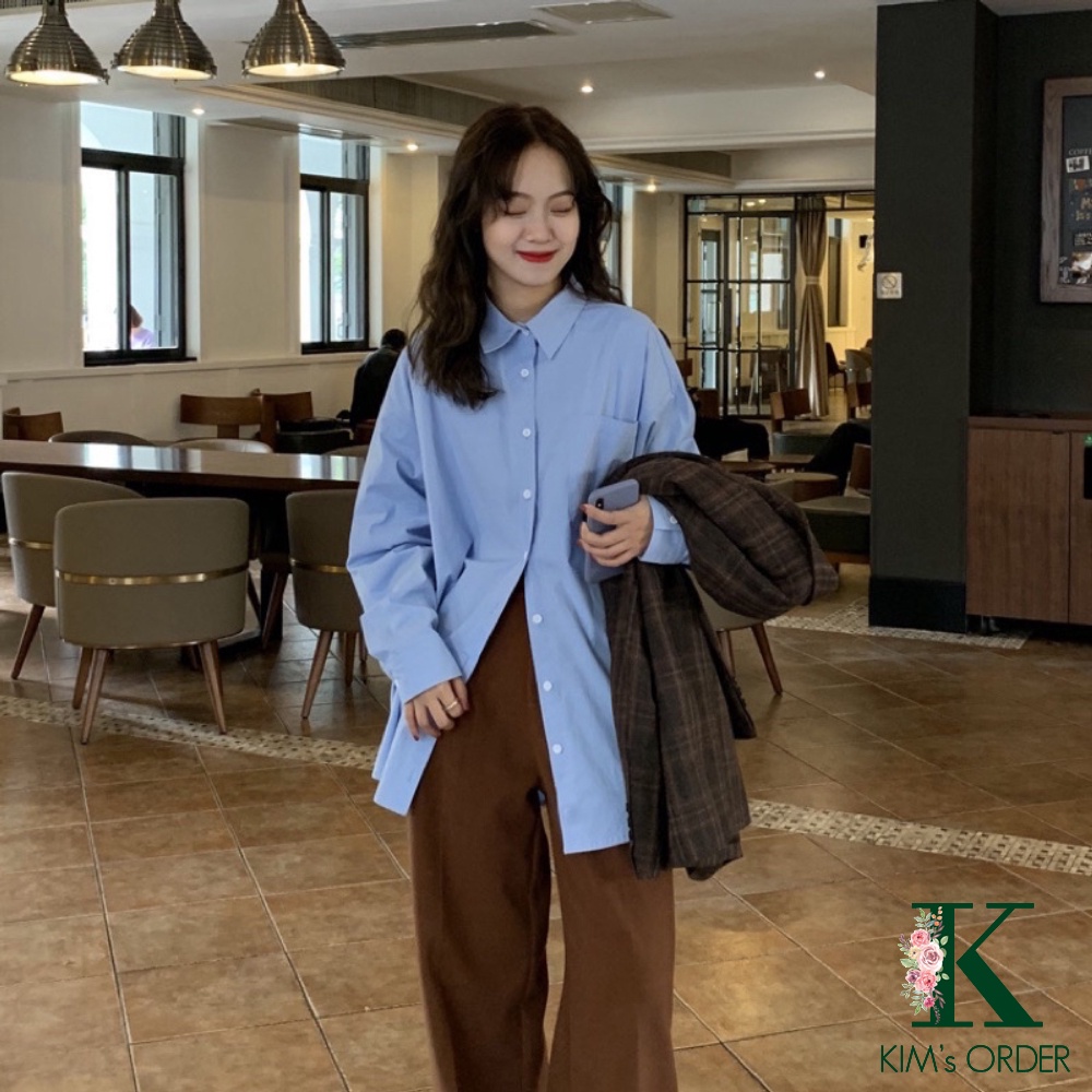 Áo Sơ Mi Nữ Màu Xanh Trắng Dáng Rộng Dài Tay Cổ Sơ Mi Phom Rộng Phong Cách Ulzzang Hàn Quốc Đi Học Đi Làm Đơn Giản Basic