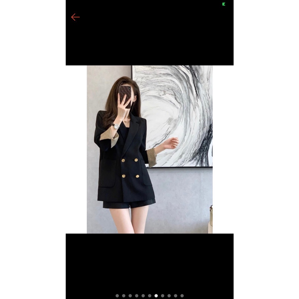 Áo Blazer nữ Hàn Quốc dáng suông rộng áo khoác ngoài công sở đính cúc tay ngắn kẻ 1 lớp đẹp