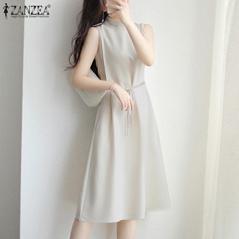 Đầm midi Zanzea không tay cổ đứng màu trơn phong cách Hàn Quốc đơn giản cho nữ