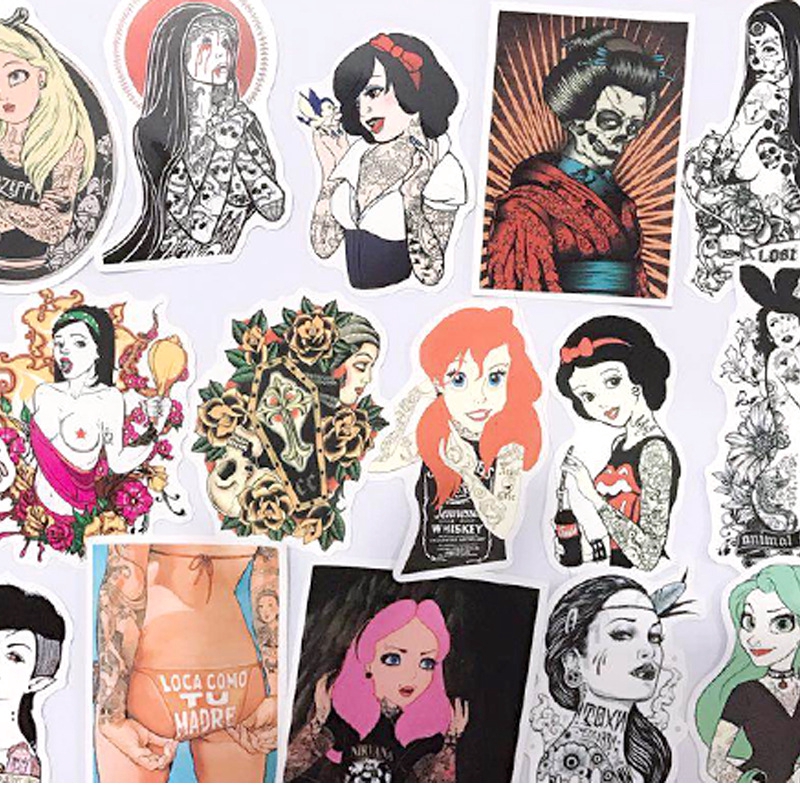Bộ 50 miếng sticker hình cô gái có hình xăm đẹp trang trí xe hơi/máy tính xách tay văn phòng/cốp xe/đàn guitar
