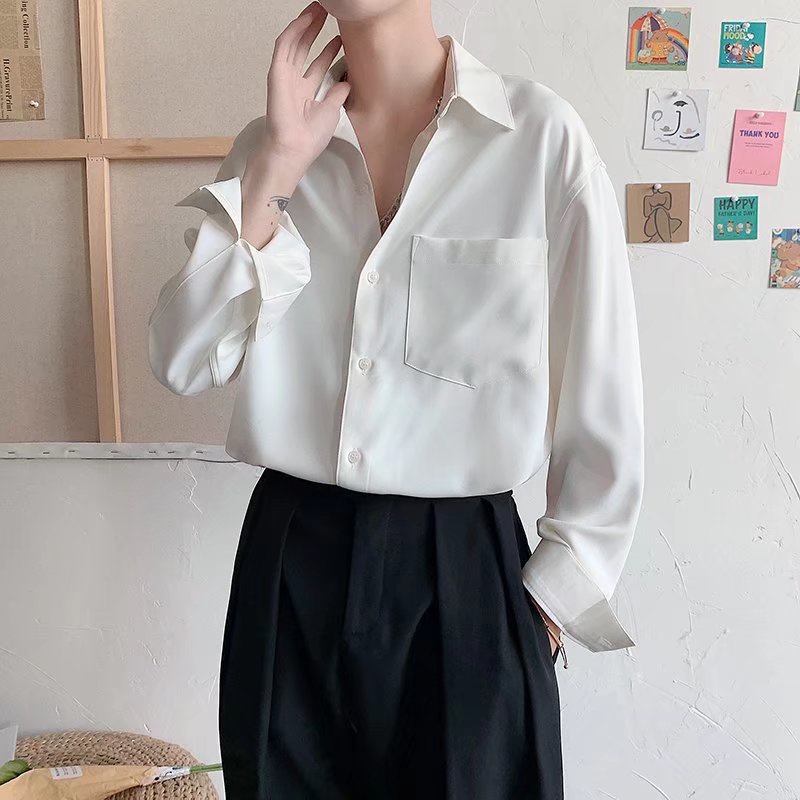 Áo Sơ Mi Trơn Tay Dài Dáng Rộng Thoáng Khí Có Túi Thời Trang Hàn Quốc Cho Nam