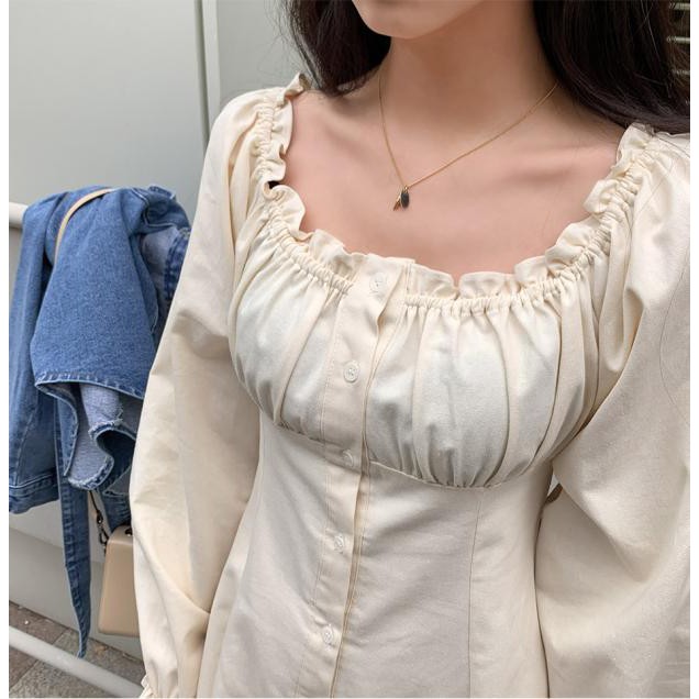 Đầm tiểu thư cổ vuông dài tay màu sắc trang nhã ulzzang vintage - u.w