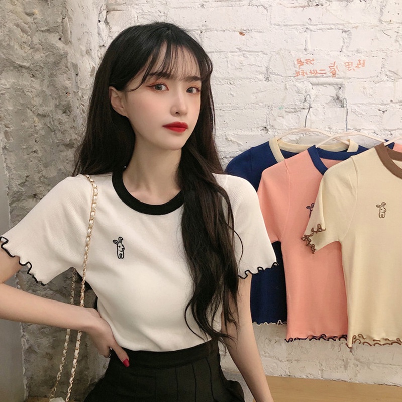 Áo thun nữ ZHELIHANGFEI tay ngắn vải lụa lạnh phối ren màu sắc tương phản phong cách Hàn Quốc thời trang mùa hè 2022