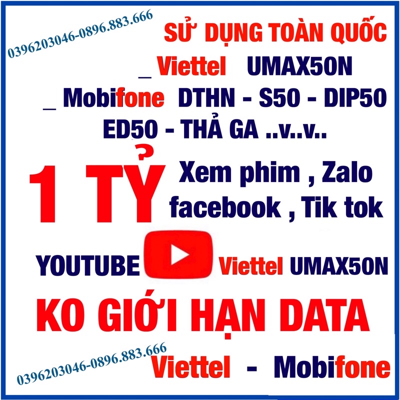 Sim KO GIỚI HẠN DATA Mobifone S50 , DIP50 , Y60 , BL5GT , DTHN , IPHN2