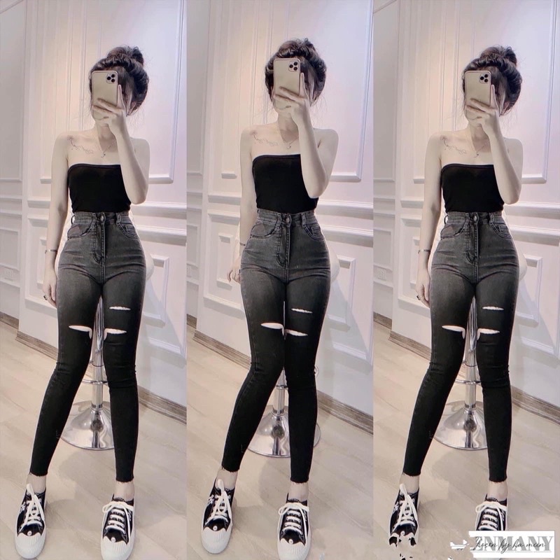 Quần jeans loang ôm giãn cắt rách gối cá tính B110