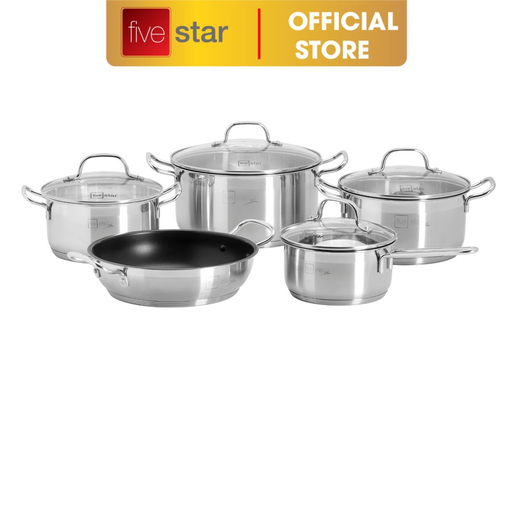 Bộ Nồi Inox 5 Đáy Inox 304 Cao Cấp Bếp Từ Fivestar FPB55D001 Nắp Kính , dùng được mọi bếp , bảo hành 25 năm