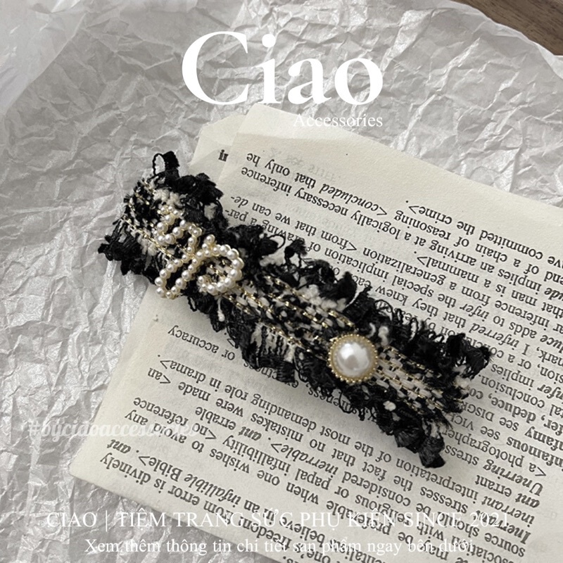 [HOẢ TỐC 1H] Kẹp tóc/ Phụ kiện tóc vải tweed đính charm mã gam đen 22 sang trọng Ciao accessories