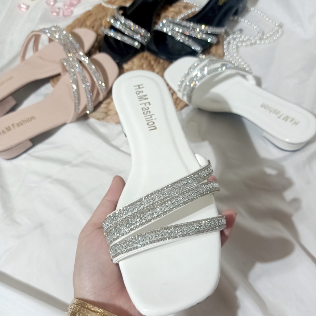 Giày sandal nữ 3cm 3 quai đính đá lấp lánh đi chơi,đi học, đi làm sang chảnh hình chụp thật_tb đá 3p