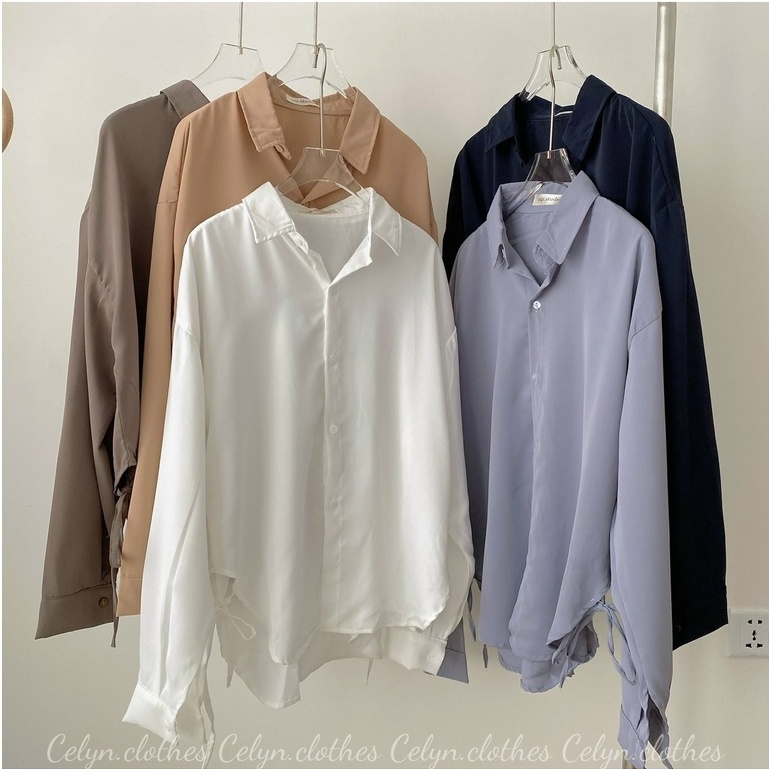 Áo sơ mi oversize nhiều màu vạt tôm buộc hai bên chất không nhăn mềm mát Celyn.Clothes