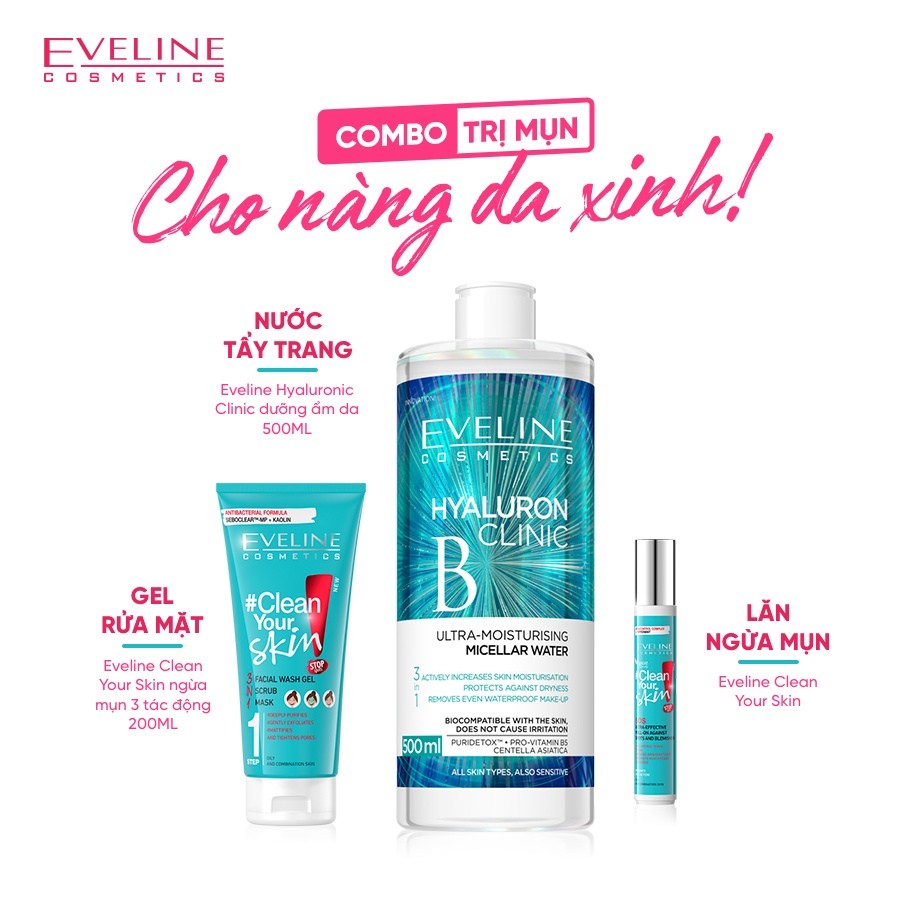 Gel rửa mặt sạch sâu ngừa mụn Eveline 3 trong 1 Clean Your Skin 200ml