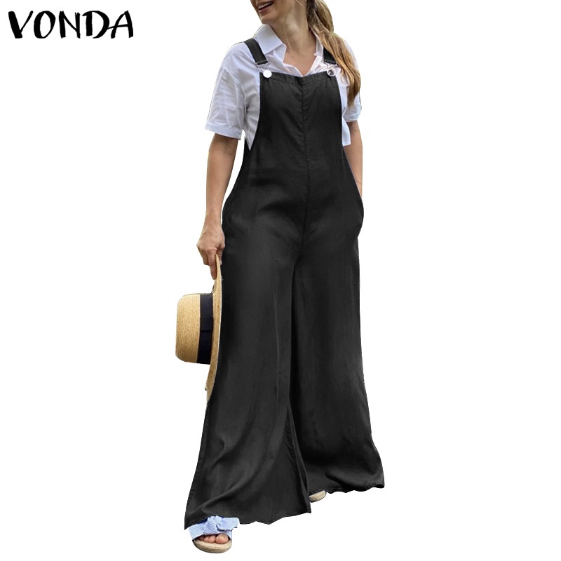 Jumpsuit Denim VONDA Dáng Rộng Ống Dài Rộng Màu Trơn Không Tay Thời Trang Mùa Hè Cho Nữ