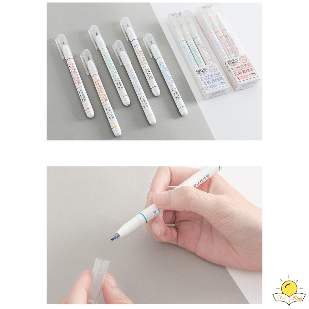 Bút gel 2 ngòi 2 Lines Pen nét 0.5mm nhiều màu, bút ghi chú, trang trí sổ Tuệ Minh