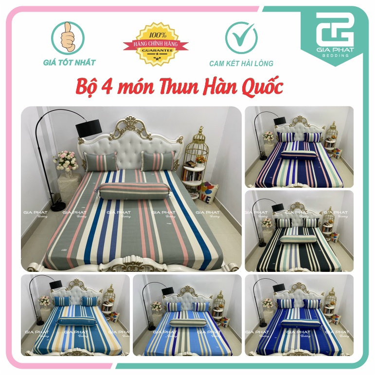 Bộ Ga Gối Thun Lạnh Hàn Quốc { 4 Món } họa tiết Sọc ( 1 ga bọc + 2 vỏ gối nằm + 1 vỏ gối ôm )