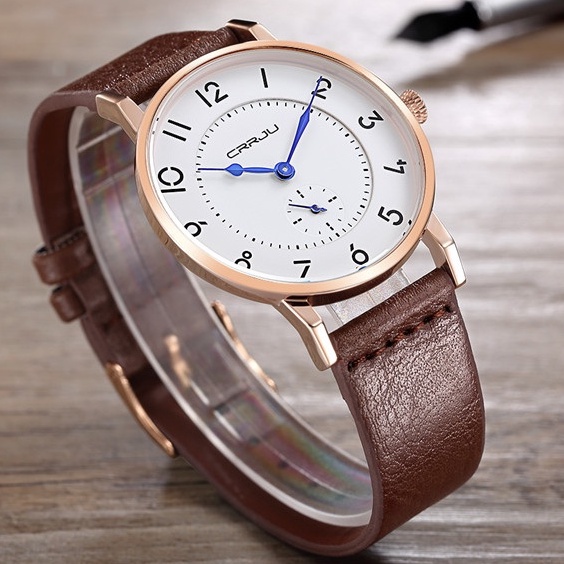 Đồng hồ thạch anh CRRJU 2112 thời dây da đơn giản chống thấm nước cho nam