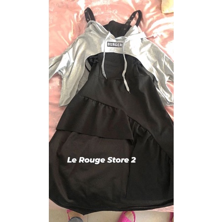 Set ulzzang áo hoodie nỉ mỏng màu xám siêu ngắn + váy hai dây đen vang chéo thời trang có size