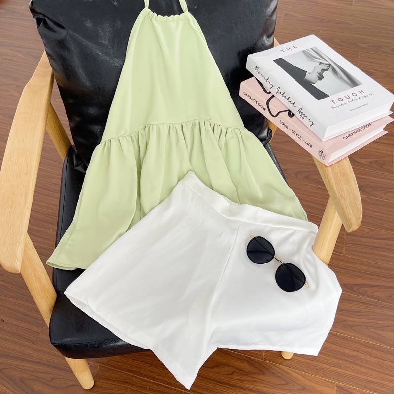 [Freeship] Hình thật - Set áo yếm peplum và short trắng hack tuổi, tôn da