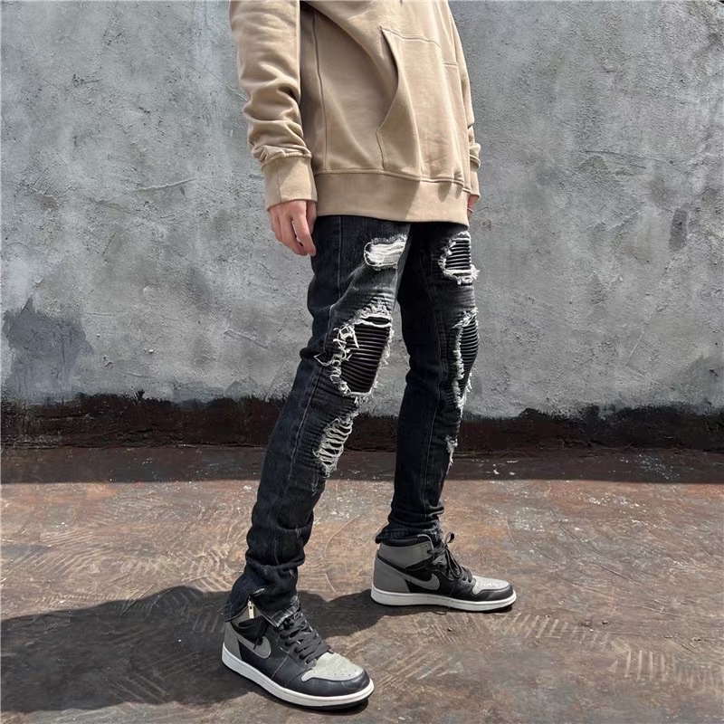 Teddy Black jeans rách cao cấp phối khoá ZIP