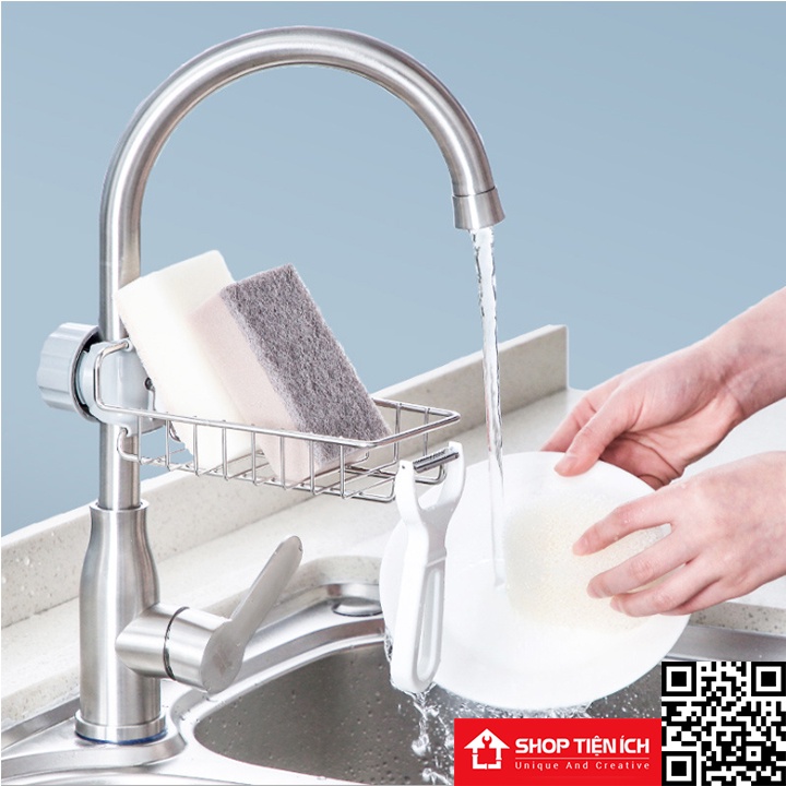 Giá inox gắn vòi rửa bát đựng giẻ rửa bát, giá để đồ vòi rửa bát