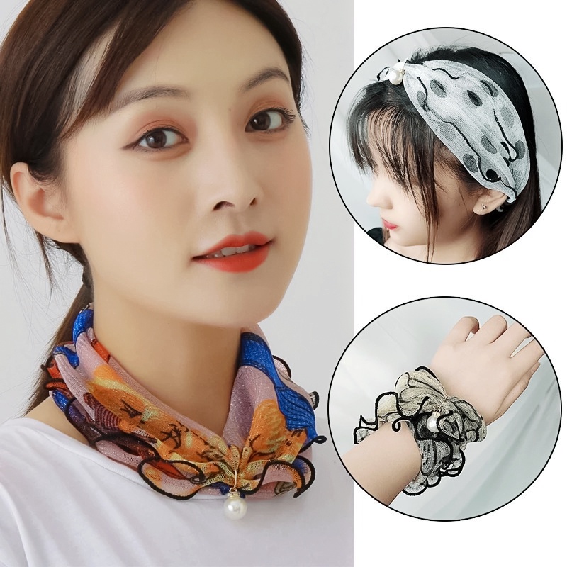 Khăn Choàng Cổ Vải Lụa Đính Hạt Ngọc Trai Nhân Tạo