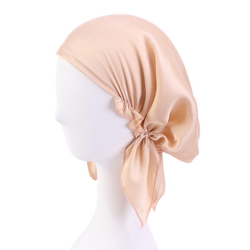 Mũ Trùm Đầu Bằng Satin Co Giãn Màu Trơn Kèm Dây Ruy Băng Chống Rụng Tóc Khi Ngủ Cho Phụ Nữ Hồi Giáo