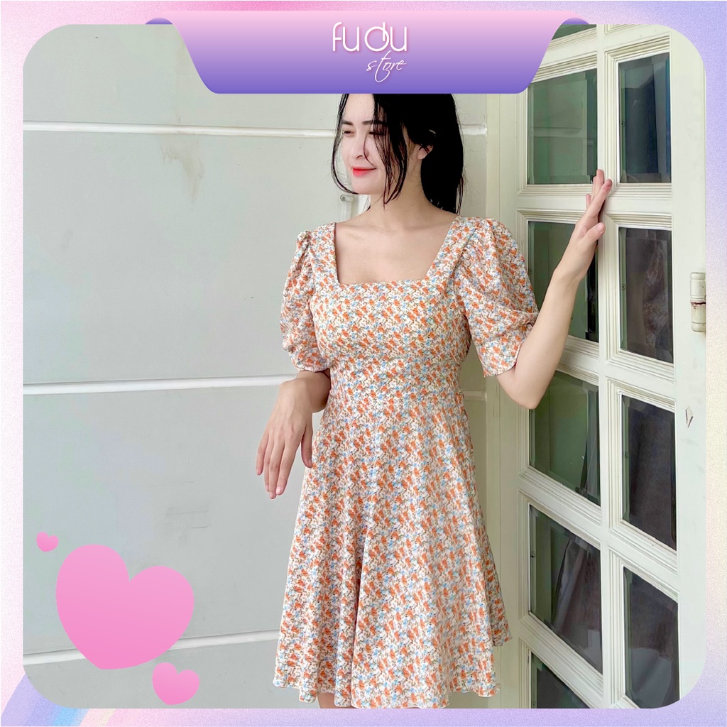 Jumpsuit Cổ Vuông Ngắn Tay Giả Váy Xòe, Chất Voan Mềm Mịn Ôm Eo, Thanh Lịch Họa Tiết Hoa Nhí Đáng Yêu FD303