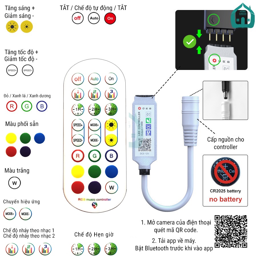 Đèn Led dây RGB 5050 full màu nháy theo nhạc điều khiển bằng App điện thoại qua Bluetooth + remote dài 3m, 5m, 10m