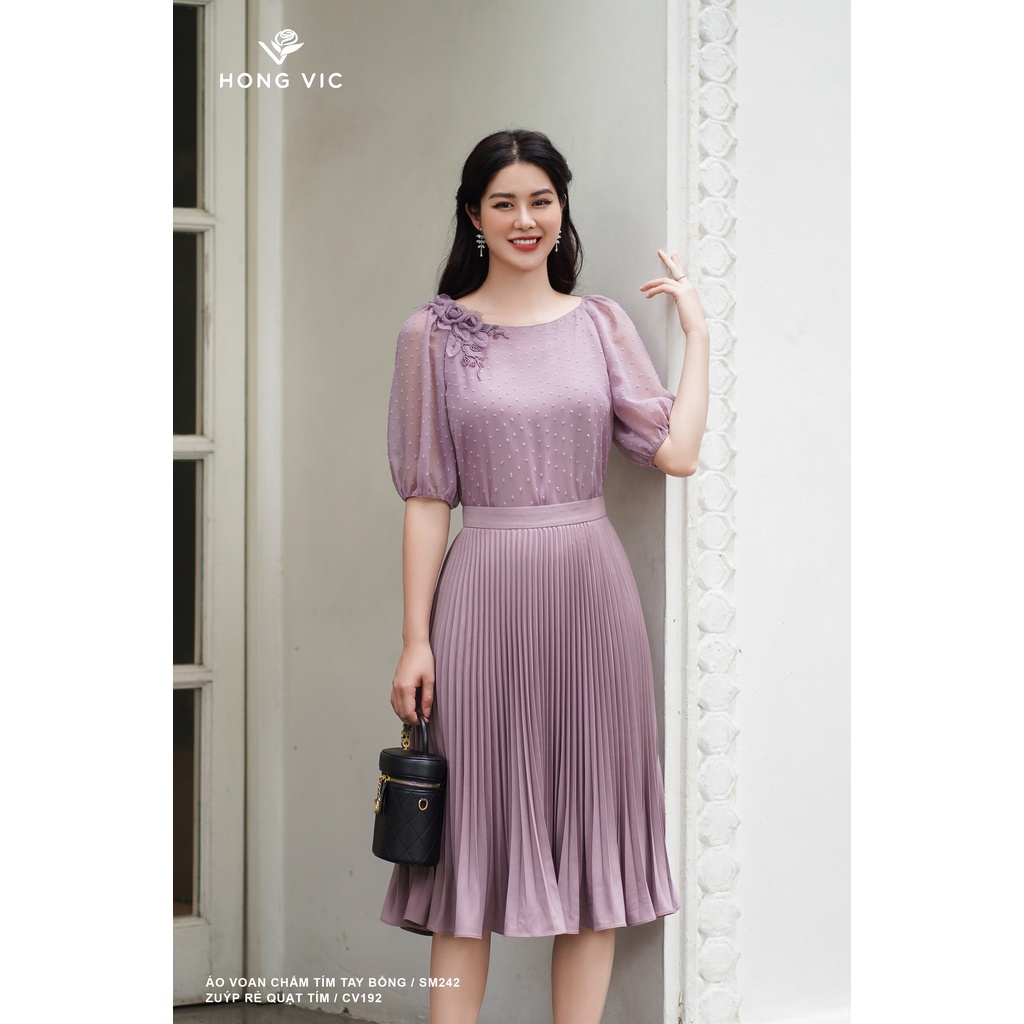 Áo nữ thiết kế Hong Vic voan chấm tím tay bồng SM242