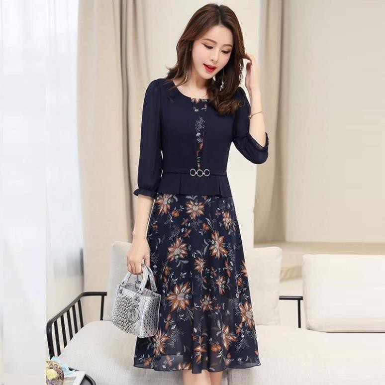 Đầm Voan In Hoa 3D Áo Giả Vest Có Nịt hàng vnxk