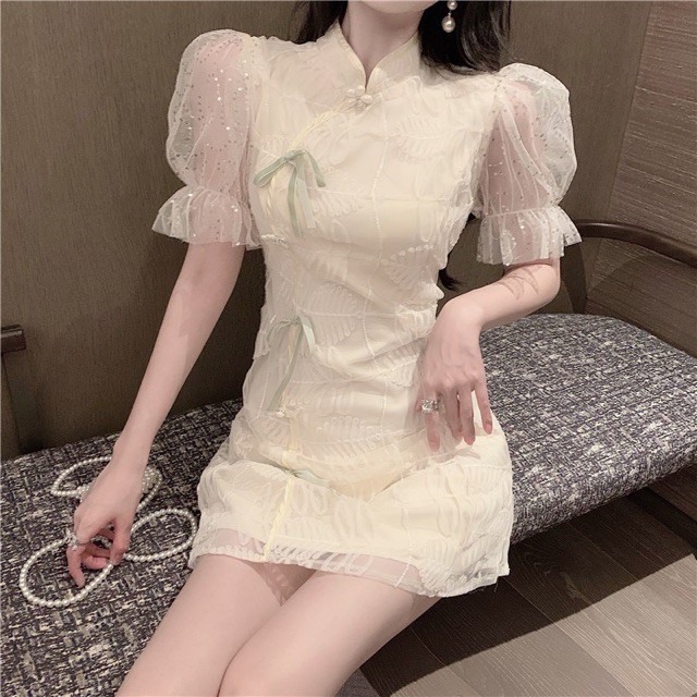 JH J0005 Sườn xám ngắn voan kết cườm nơ tông Pastel màu nude be cực xinh MẪU MỚI QUẢNG CHÂU CHẤT ĐẸP