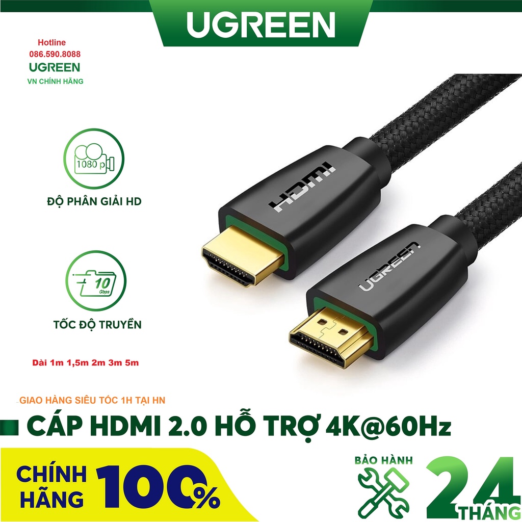 Cáp HDMI 2.0 Cao Cấp Ugreen 40408 40409 40410 40411 40412 (1m - 5m) Hỗ Trợ 3D 4K dây bọc dù - Hàng Chính Hãng