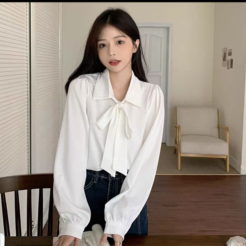 Áo sơ mi kiểu nữ buộc nơ cổ tay bồng tiểu thư