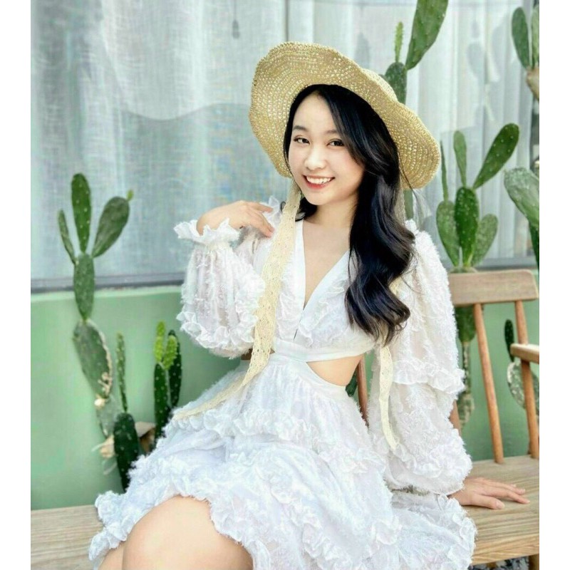 Đầm xoè ren trắng nổi tay phồng cutout eo cổ V bèo thắt nơ hở lưng (ảnh thật)