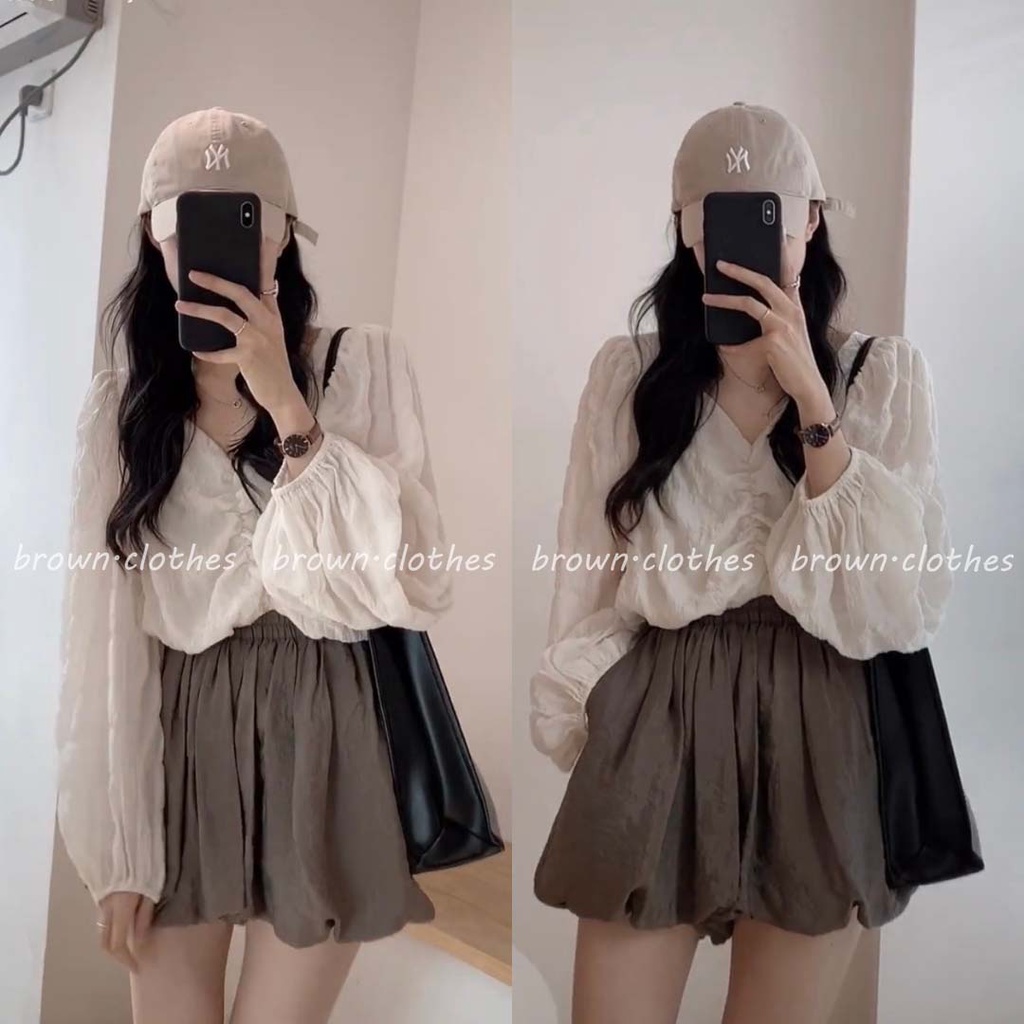 Set áo croptop dài tay nhún bèo xốp mix quần short bom nâu - SET13FG