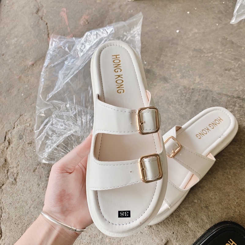 sandal 2 quai mẫu mới trắng và đen bằng da khoá cài (2CM SANDAL 2 QUAI )