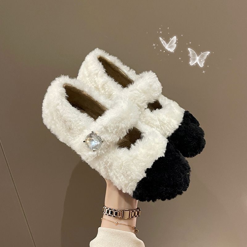 Giày Đế Bằng Chống Trượt Phối Lông Cừu Dễ Thương Xinh Xắn Dành Cho Nữ