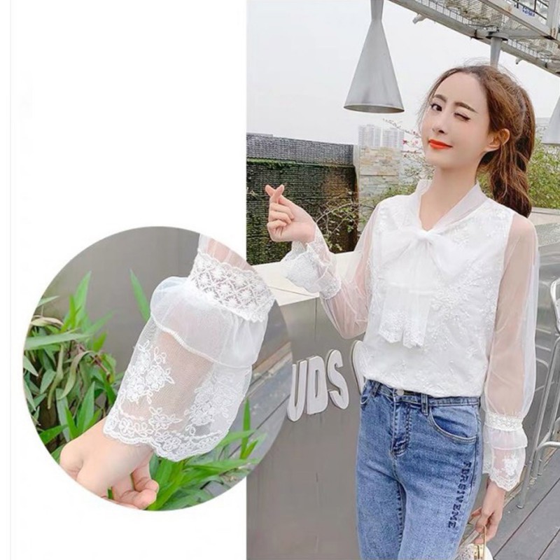 Áo Kiểu Tay Dài Phối Ren Hoa Thiết Kế Màu Trơn Thanh Lịch