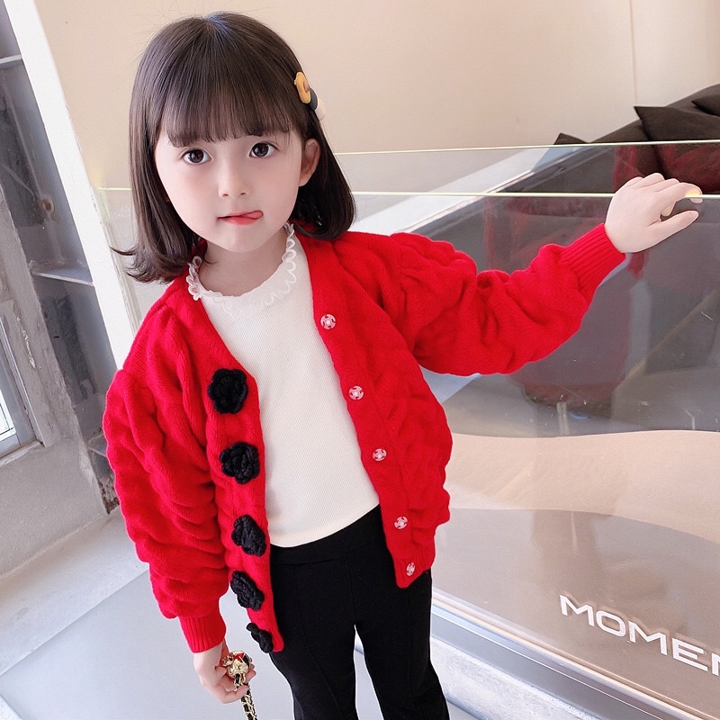 Áo len cardigan len thừng Quảng châu cho bé gái sz 120-Màu đỏ đô