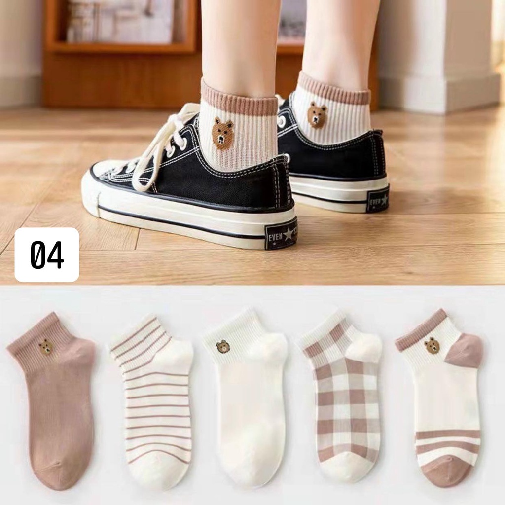 Tất vớ nữ cổ ngắn Set 5 đôi chất cotton họa tiết dễ thương phong cách Hàn Quốc