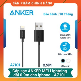 Cáp sạc ANKER chuẩn MFI Lightning dài 0.9m (Trắng) dành cho iPhone - Mã A7101 (Xách tay nội địa)